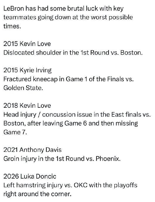 詹姆斯生涯关键战役队友伤病史：11年11次赛季报